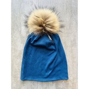 Los Angeles Boutique Blue Jersey Knit Real Fur Pom Slouchy Beanie Hat Winter NEW